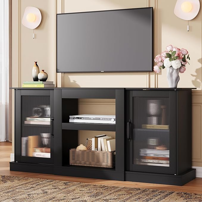 WLIVE Farmhouse TV Stand for 65 inch TV, 58" Entertainment Center with Storage Cabinets, Open Shelves TV Console for Living Room and Bedroom, Black