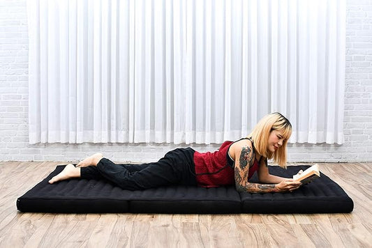 Leewadee Trifold Mattress XL – Comfortable Thai Massage Pad, Foldable Relaxation Floor Mattress Filled with Kapok, Perfect to Use as a Sleeping Mat 79 x 39 inches, Black