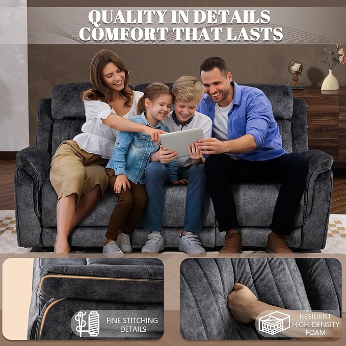 Zero Gravity Power Recliner Sofa Couch – Electric Reclining Sofa with Drop Down Table & Wireless Charging, 3 Seater Dual Reclining Couch with Adjustable Headrests for Living Room (Velvet, Grey)