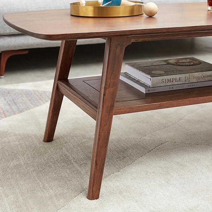 Ball & Cast 39.37" Solid Wood Coffee Table, Mid Century Center Table with Shelf Storage, 2-Tier Small Coffee Table with Rounded Edges for Living Room, Easy to Assemble,Walnut