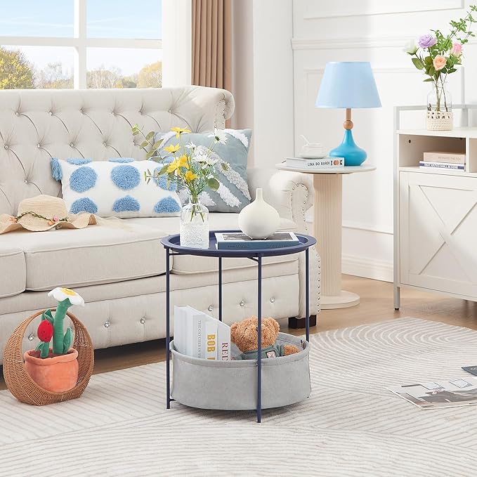 VECELO Round Side/End Table with Fabric Storage Basket，Metal Anti-Rust and Waterproof Small Bedside Nightstand with Removable Tray Top for Living Room，Balcony & Laundry，Blue /1pcs with Basket