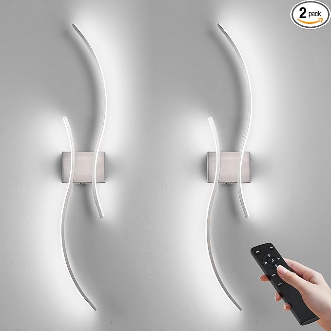 Battery Operated Wall Sconces Set of Two with Remote Control, Battery Wall Light, Stepless Colors 3000K-6000K & Dimming, Nickel Rechargeable Wall Sconces for Living Room, Hallway, Bedroom, 39.3 Inch