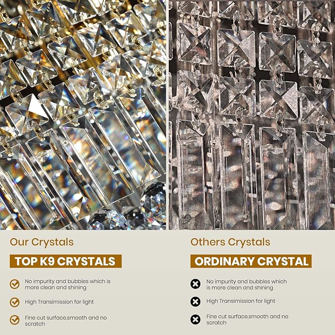 7PM Rectangle K9 Crystal Chandelier Modern Gold Crystal Chandelier Rectangular Pendant Lighting Fixture for Dining Room Kitchen Island Bedroom L40'' x W10'' x H10''