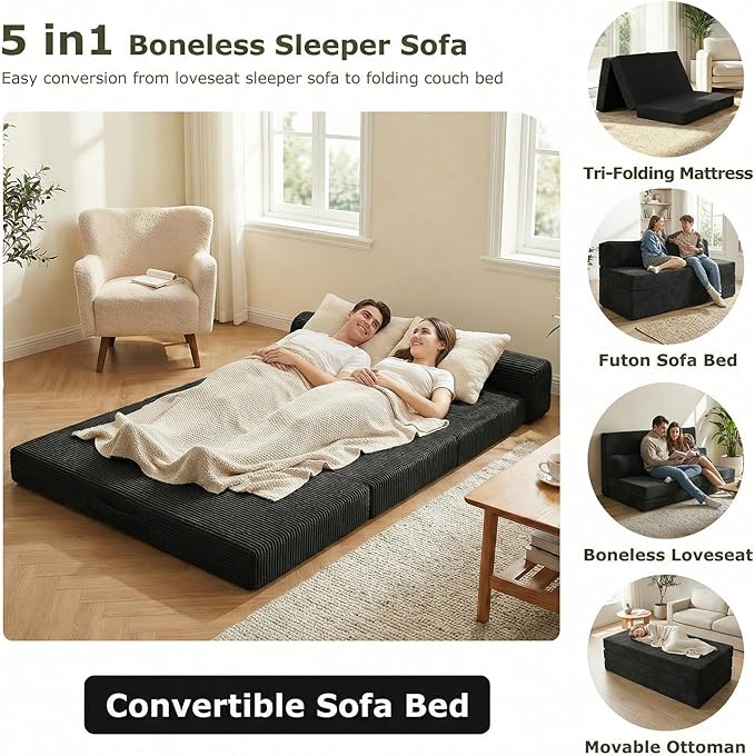 5-in-1 Convertible Sofa Bed, Boneless Couch Loveseat Sleeper with Removable Cushions & Washable Cover, Futon Sofa Bed with Handle, Pull Out Couch for Small Spaces, Full Size, Black