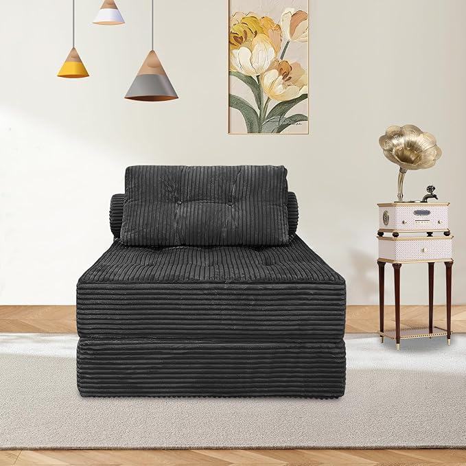 HonTop Folding Sofa Bed, Convertible Couch Chair with Pillow, Boneless Velvet Foldable Sleeper Sofa with Back Support, Portable Fold Out Lounger for Living Room, Apartment & Dorm, Dark Grey Corduroy | Lumbar Pillow