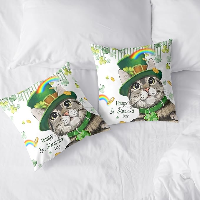 Happy St Patricks Day Pillows Covers 24x24 Pack of 2 Lucky Cat Clover Pillow Covers Rainbow Gold Coin Shamrock Decorative Pillow Cases Cushion Case for Living Room Couch Sofa