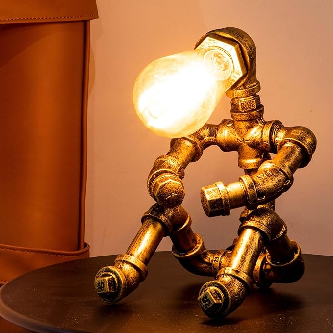 Steampunk Table Lamp, Vintage Industrial Metal Robot Table lamp, Water Pipe Table Lamp, Robot Style Desktop Light for Bedside Desk Bar Cafe Desktop Room Decoration
