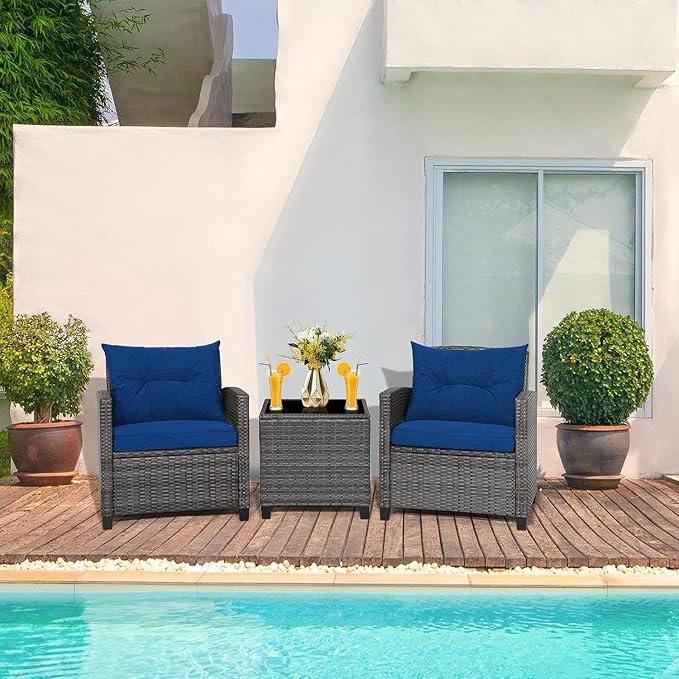 LDAILY Patio Furniture Set, 3 Pieces PE Rattan Wicker Patio Sofa Chairs with Washable Cushion & Glass Table, Outdoor Furniture Conversation Sets for Porch, Balcony, Garden, Poolside (Navy)