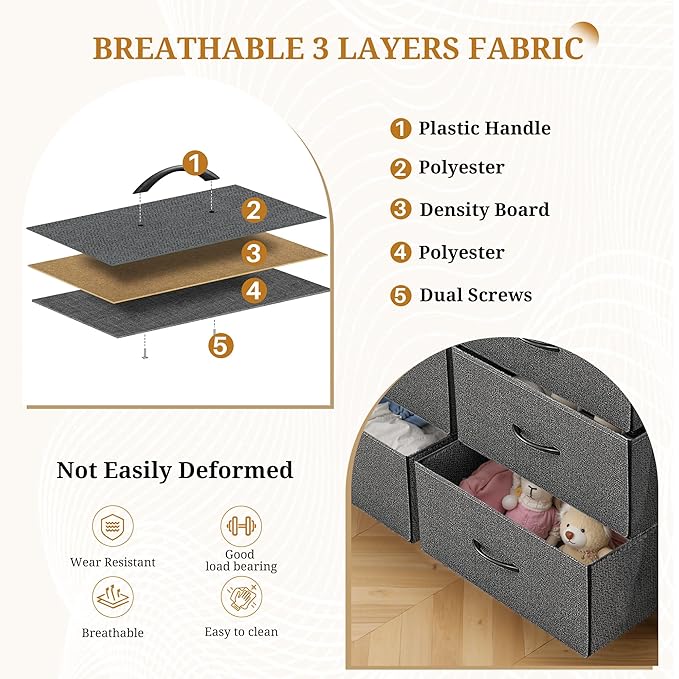 Dresser with 9 Drawers for Bedroom, Fabric Clothes Cabinet for Closet, Anti-Tip Storage Dresser with Metal Frame for Living Room, Entryway, Dorm, Grey