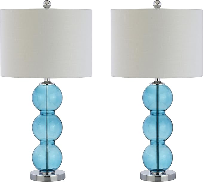 JONATHAN Y 27" Sky Blue/Chrome Triple-Sphere Glass Table Lamp Set of 2, Bedside, White Linen Shade, Modern Table Lamps for Living Room, Bedroom, Office, LED Bulbs Included (JYL1070C-SET2)