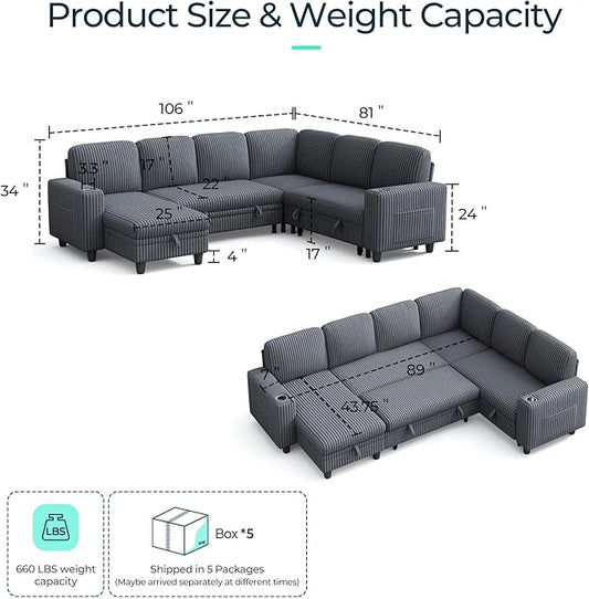 LINSY HOME Sectional Sleeper Sofa Pull Out Couches for Living Room (Grey, Sleeper Sofa 4) | Pull Out Sofa Bed, Storage, USB Charging, Cup Holders, Plush Corduroy | Pull Out Sofa Bed, Storage, USB Charging, Cup Holders, Plush Corduroy