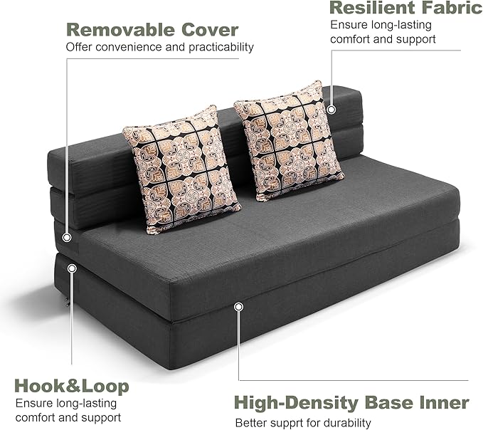 ARTPLAN Convertible Folding Sofa Bed, High-Density Memory Foam Sofa with a Fluffy Pillow, Modern Futon Floor Couch Guest Twin Bed for Living Room/Dorm/Guest Use/Home Office/Apartment,Dark Grey