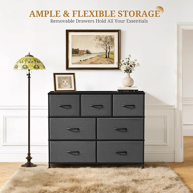 Dresser with 7 Drawers for Bedroom, Fabric Clothes Cabinet for Closet, Anti-Tip Storage Dresser with Metal Frame for Living Room, Entryway, Dorm, Grey