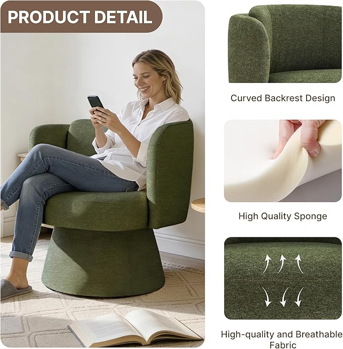 Swivel Barrel Chair Set of 2,360° Accent Chairs with Round Backrest,Upholstered Lounge Chair for Vanity,Living Room,Bedroom,Reading Nook,Green