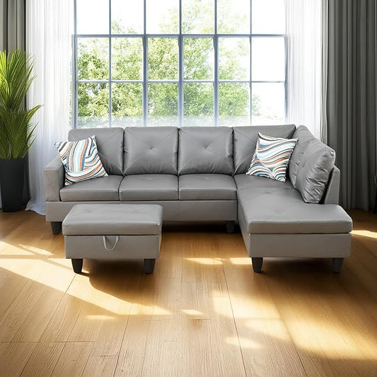 Faux Leather L-Shape Sectional Sofa, 3 Piece Couch with Storage Ottoman & Right Chaise Lounge, 97" Button Tufted Upholstered Corner Couch for Home, Living Room, Apartment, Dark Gray