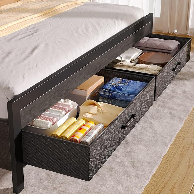 Rolanstar Bed Frame Full Size with Storage Headboard and 2 Drawers, Upholstered Platform Bed with Charging Station and LED Light, Heavy Duty Frame Support, No Box Spring Needed, Noise Free, Black