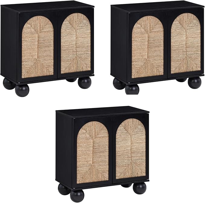 Nathan James Leah Boho TV Stand or Sideboard Cabinet for Kitchen or Living Room with Ball-Style Feet, Natural Seagrass Door Fronts and Solid Wood Legs, Black Set of 3