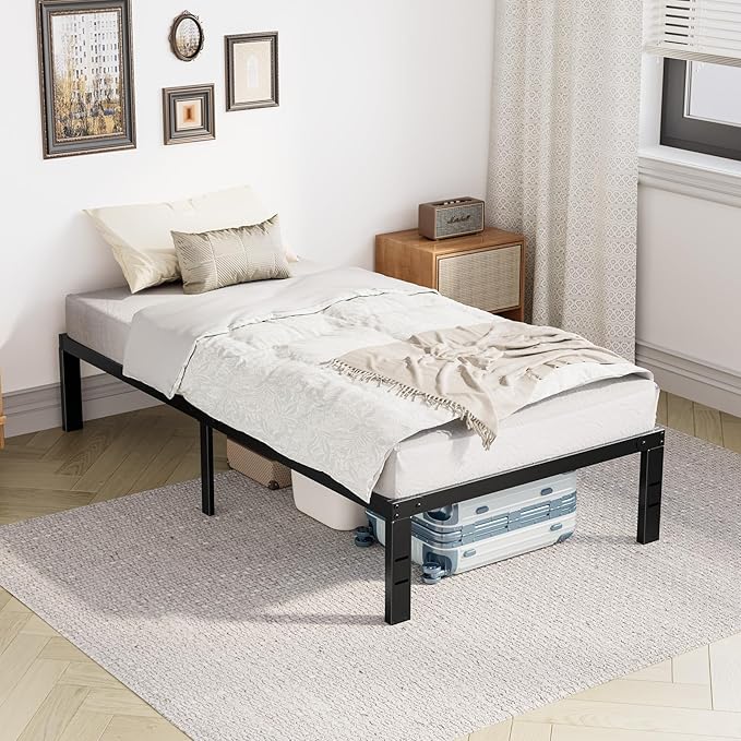 DUMOS Twin Size Bed Frame - Metal Platform Bed Frame Mattress Foundation with Steel Slat Support, No Box Spring Needed, Storage Space Under Base, Easy Assembly, Black