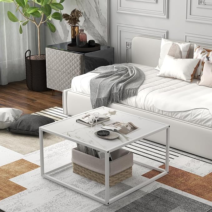Giantex Square Coffee Table with Faux Marble Tabletop & Steel Frame, Center Cocktail Table, Accent Living Room Furniture, Low Bedside Table, Easy Assembly (White)
