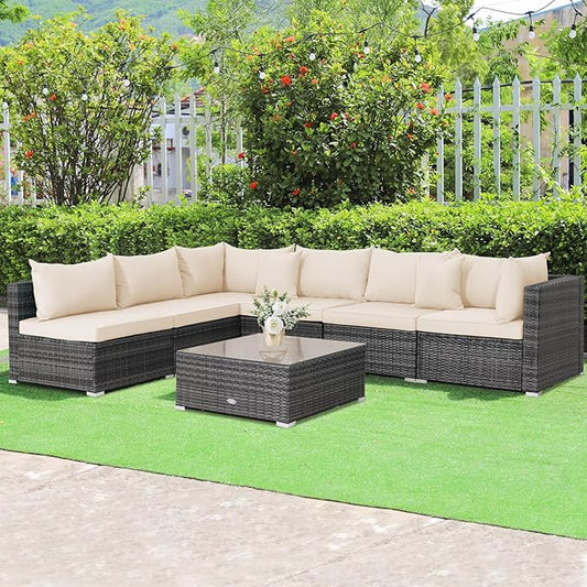 Tangkula 7 Piece Patio Wicker Furniture Set, Outdoor Rattan Sectional Sofa Set for 6 with Seat & Back Cushions, 2 Throw Pillows, Sofa Fastener Clips, for Backyard, Poolside, Deck and Garden (Beige)