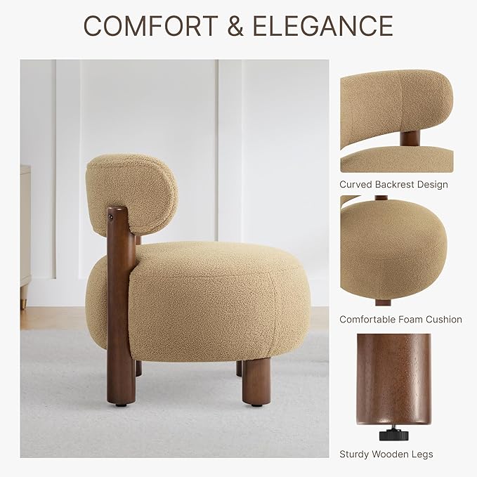 Modern Boucle Accent Chair, with Plush Faux Sherpa Upholstery, Curved Backrest, Solid Wood Legs for Living Room Bedroom Reading Nook, 27.5", Camel