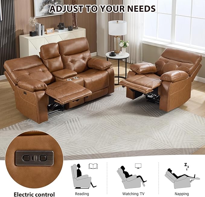 CANMOV Genuine Leather Power Recliner Sofa Set, Two Power Recliner Chair and Loveseat Set, 3 Pieces Leather Couch with Storage Console, USB Ports, Cup Holders for Living Room,Brown