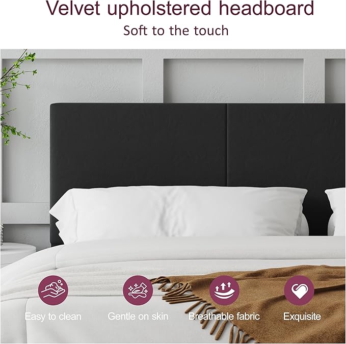 Full Size Bed Frame with Upholstered Headboard, Sturdy Wood Slats, No Box Spring Required, Silent, Easy Assembly,Black