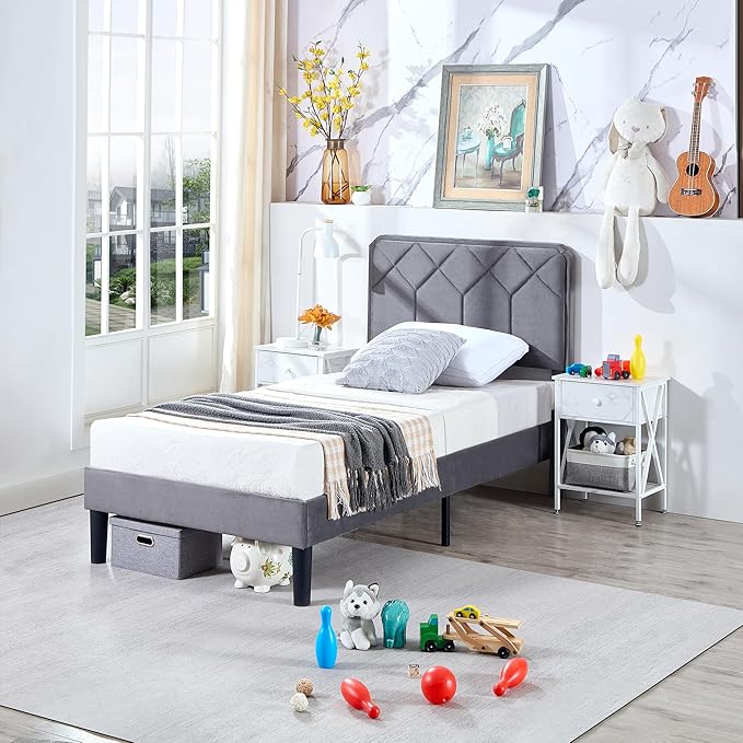 VECELO Twin Size Bed Frame Premium Velvet Upholstered Platform with Height Adjustable Headboard/Mattress Foundation, Solid Wooden Slat Support, No Box Spring Needed/Easy Assembly