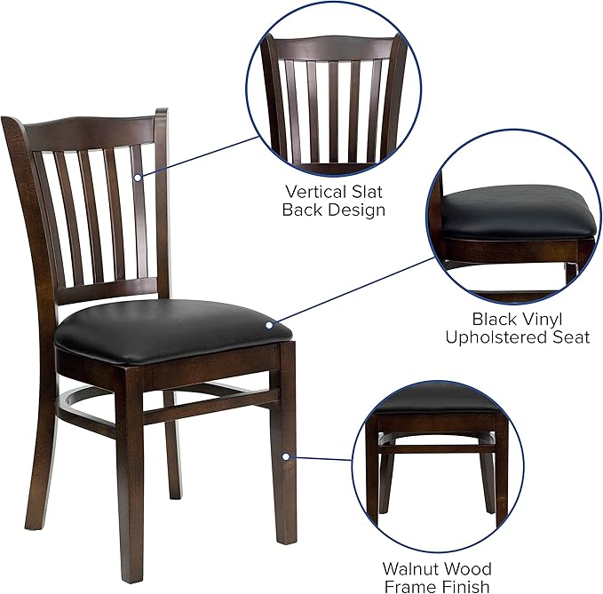 Flash Furniture 2 Pack HERCULES Series Vertical Slat Back Walnut Wood Restaurant Chair - Black Vinyl Seat