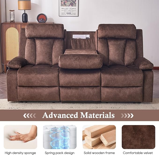 Power Reclining Sofa with Heat&Massage, Reclining Couch with Multi-Function Console/USB Ports/Type C, Wall Hugger 3 Seater-Sofa Recliner, Reclining Sofa Couch for Living Room