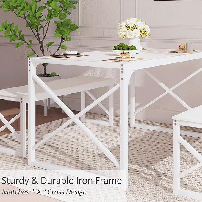 VECELO 55" Kitchen Dining Table Set for 4-6, Wood Dinette 2 Benches with Metal Frame for Dinner Breakfast Nook and Small Space, White