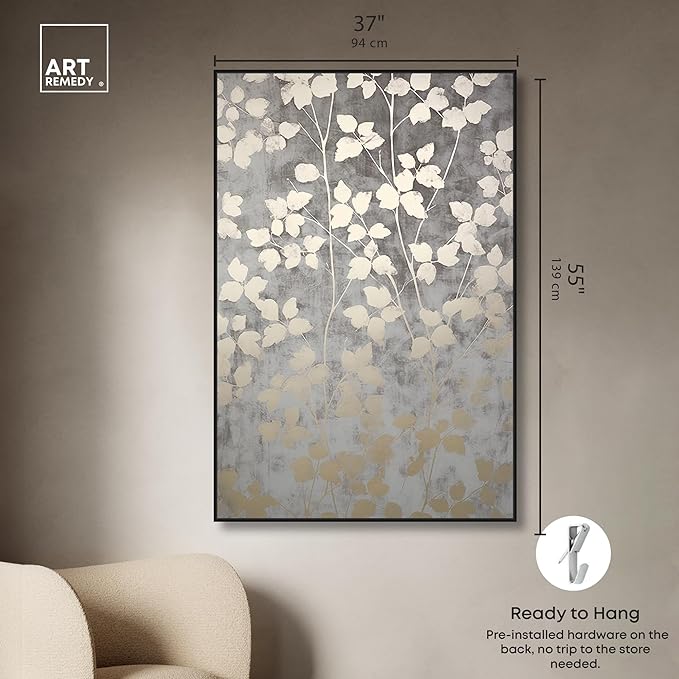 Art Remedy Silvery Gray Garden Canvas Elegant Floral Wall Art, Black Frame, 36" x 54"