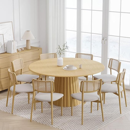 Casaphoria 60" Round Dining Table, Modern Wood Kitchen Table with Cone Shaped Strip Convex Base for Living Room & Dining Room, Easy Assembly Farmhouse Furniture for 4-6, Oak