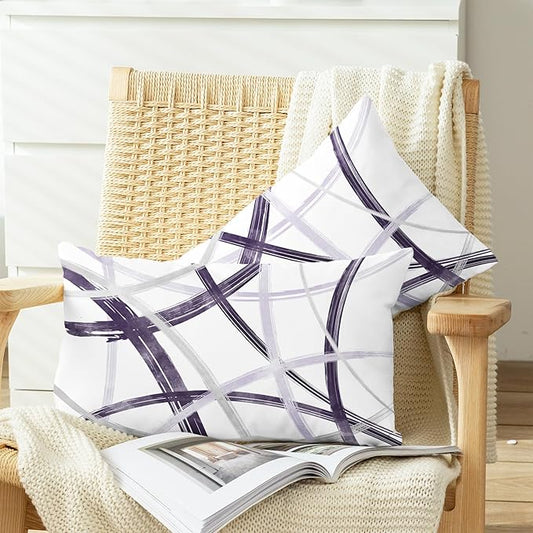 CaliTime Throw Pillow Cases Pack of 2 Cozy Fleece Arc-Shaped Abstract Geometric Lines Decorative Cushion Covers for Couch Bed Sofa Farmhouse Decoration 12 X 20 Inches Deep Purple Grey