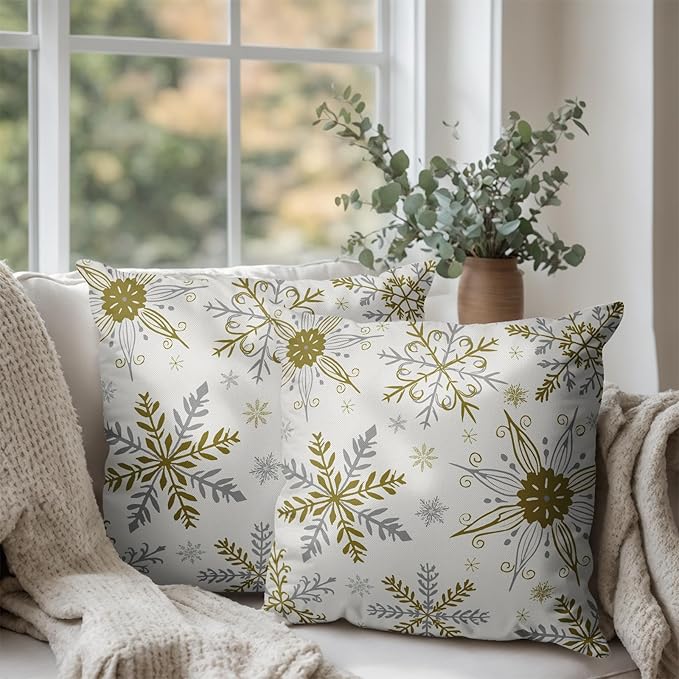 Christmas Snowflake Pillow Covers White Gold Gray Xmas Throw Pillow Cases 22x22 Set of 2 Seasonal Winter Holiday Cotton Linen Pillowcase for Farmhouse Bed Couch Sofa Living Room Decor