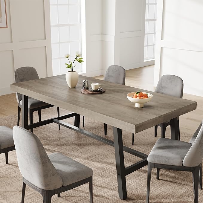 GarveeHome Industrial Dining Table for 6~8 People, 78.7 in Long Rectangle Dining Tables, Wooden Kitchen Table with Sturdy Metal Frame, Dinner Tables, Dining Room Table for Kitchen, Dining Room-Grey