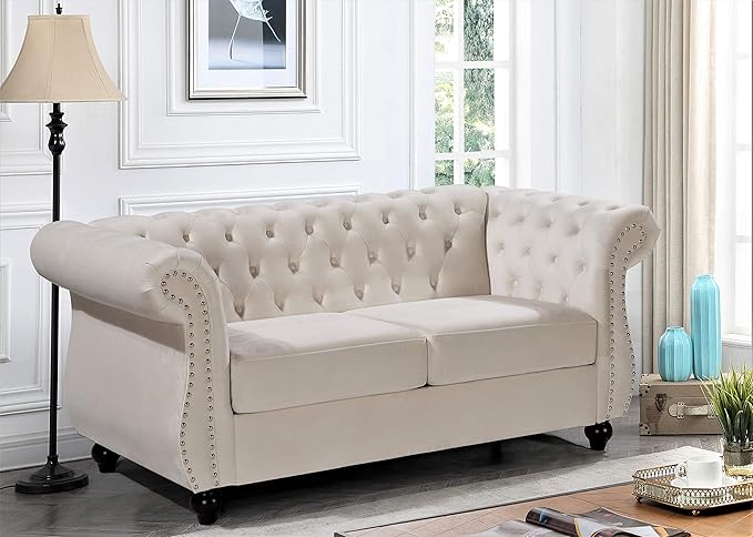 Container Furniture Direct Feinstein Modern Velvet Chesterfield Couches for Living Room with Nailheads, Diamond Tufting & Durable Metal Frame, Chair, Loveseat & Sofa, Ivory