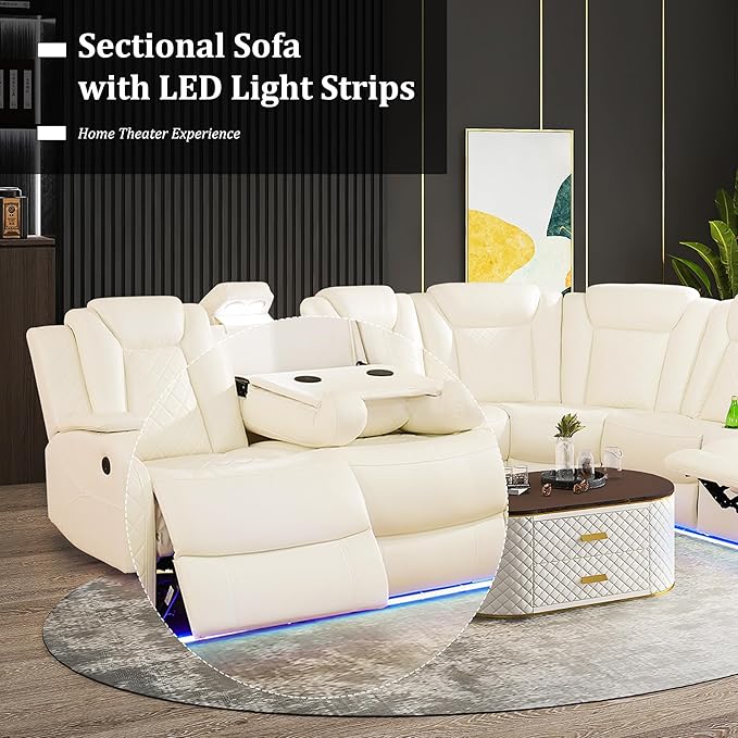 Power Recliner Sectional Sofa with LED Light, Breathing Leather Recliner Sofa Couch with USB Port/Cup Holder/Storage for Living Room (6 Seat Reclining Sectional Couch) (Cream White-1)