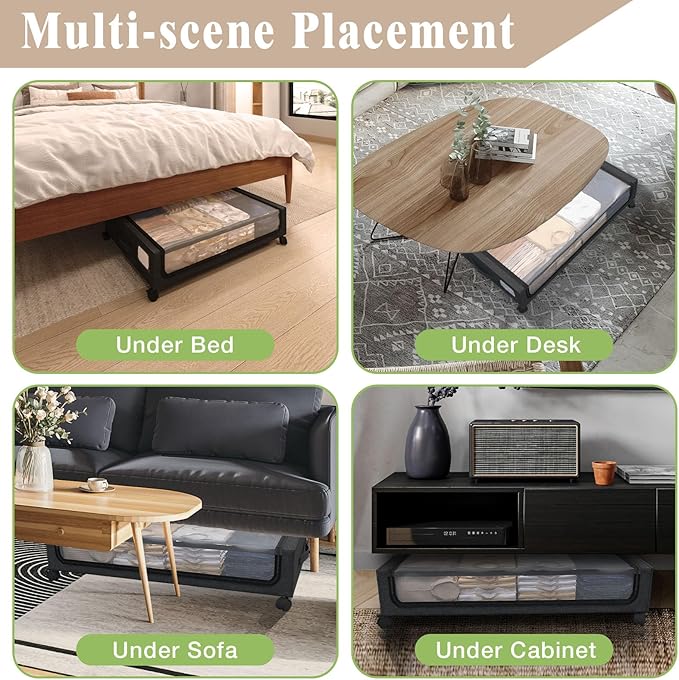 2-Pack Under Bed Storage with Wheels, Durable Metal Frame & 600D Oxford Fabric, Large Capacity for Clothes, Shoes, Toys. Clear Window Design, Home Storage Solution for Bedroom Furniture