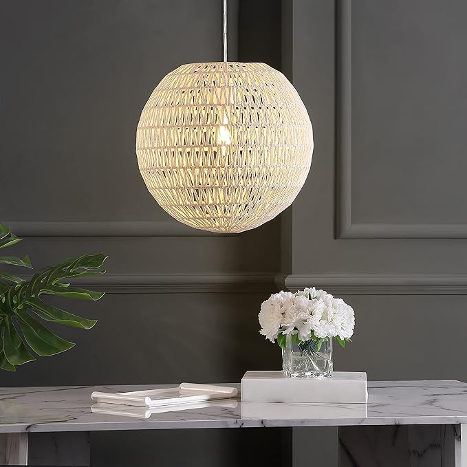 JONATHAN Y 15.75" Cream/White 1-Light Modern Bohemian Woven LED Pendant Light, Adjustable Hanging Ceiling Lamp for Kitchen Island Dining Room, Paper Wicker Shade, Bulb Included (JYL6503B)