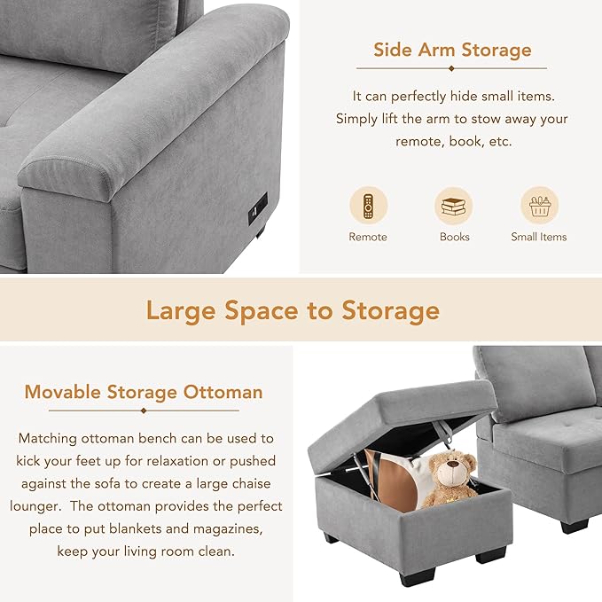 Merax Sofa Bed Sleeper Couch L Shaped Sofa with Storage Ottoman, L-Shape Sectional Couch with Comfortable backrest for Living Room and Small Apartment (Gray)