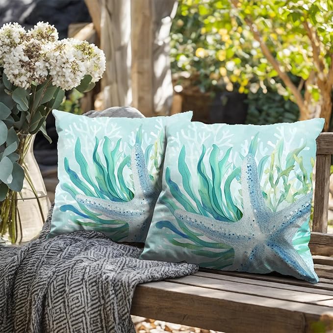 Coastal Outdoor Throw Pillow Covers 22x22 Inch Beachy Starfish Coral Seagrass Decorative Pillow Cover Set of 2 Sea Life Nautical Cushion Case for Sofa Chair Patio Bed Couch