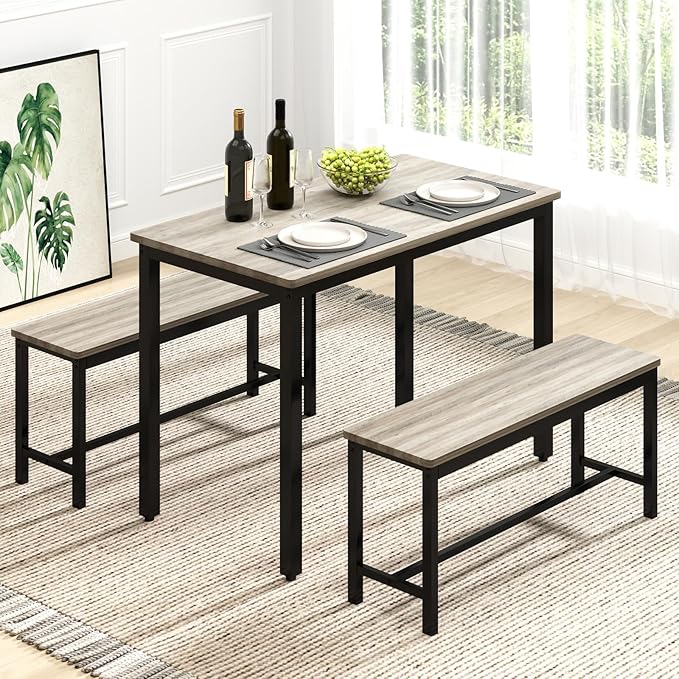 Rovibek 43" Dining Table Benches Set for 4, Modern Space Saving Kitchen Table Chairs & Adjustable Feet Breakfast Table 2 Benches, Wooden Industrial Style Farmhouse, Light Grey