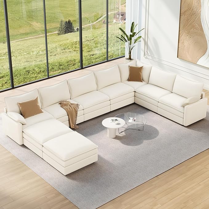 Vesgantti Large Modular Sectional Sofa, Big Comfy Cloud Couch with Ottoman Deep Seat Chenille Cloud Sofa, 9 Seater Large Sectional Couches for Living Room, Bedroom and Apartment, Snow White | Sink-in Comfort, Height Adjustable, Easy Rearrangement, Extr...