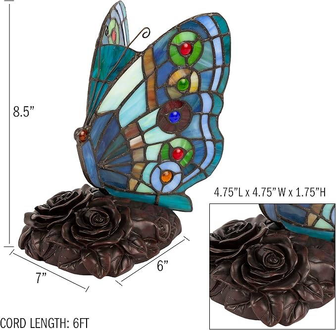 Lavish Home Tiffany Style Butterfly Lamp - Stained Glass Table or Desk Light LED Bulb Included - Colorful Vintage Look Butterfly Décor