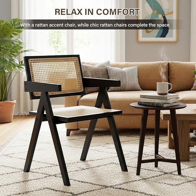 Rattan Dining Chairs Set of 2, Modern Mid Century Dining Chairs with Arms, Outdoor Bamboo Chairs for Bedroom, Living Room, Reading Room, Black
