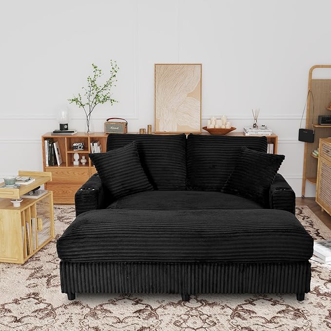 Eafurn 64" Oversized Chaise Lounge Chair Indoor, Plush Corduroy Upholstered Sofa Bed with Pillows & 2 Cup Holders, Extra Wide Deep Seat Sleeper Couch Recliner Chair for Living Room | Removable Cushions, Wooden Frame, Solid Legs