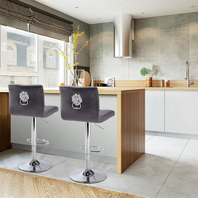 Finnhomy Bar Stools Set of 2 Counter Height, Swivel Barstools with Footrest and L Shape Thicken Cushion Back Handle, Height Adjustable Modern Bar stools for Kitchen, Velvet Fabric, Dark Grey