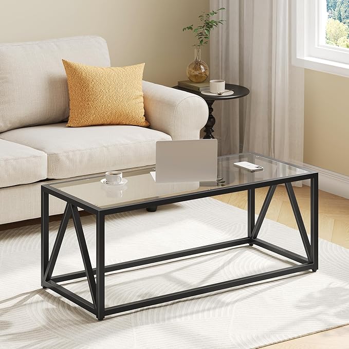HOOBRO Glass Coffee Table, Black Coffee Tables for Living Room, Black Glass Coffee Table,1 Layer Center Table, Modern, for Apartment, Office, 39.4 x 19.7 x 17.7 Inches, Easy Assembly, Black BK04KF01