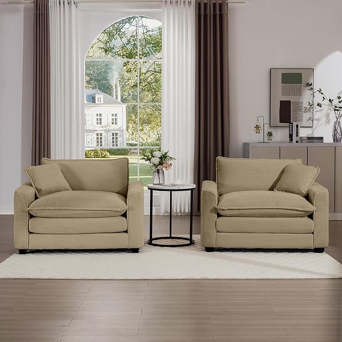 KEIKI 2-Piece Sofa Set with 2 Oversized Corduroy Single Sofa, Upholstered Modern 2-Seater Lounge Accent Chair Set with 2 Pillow, High-Density Foam Cushions, Removable Armrests, for Living Room, Tan